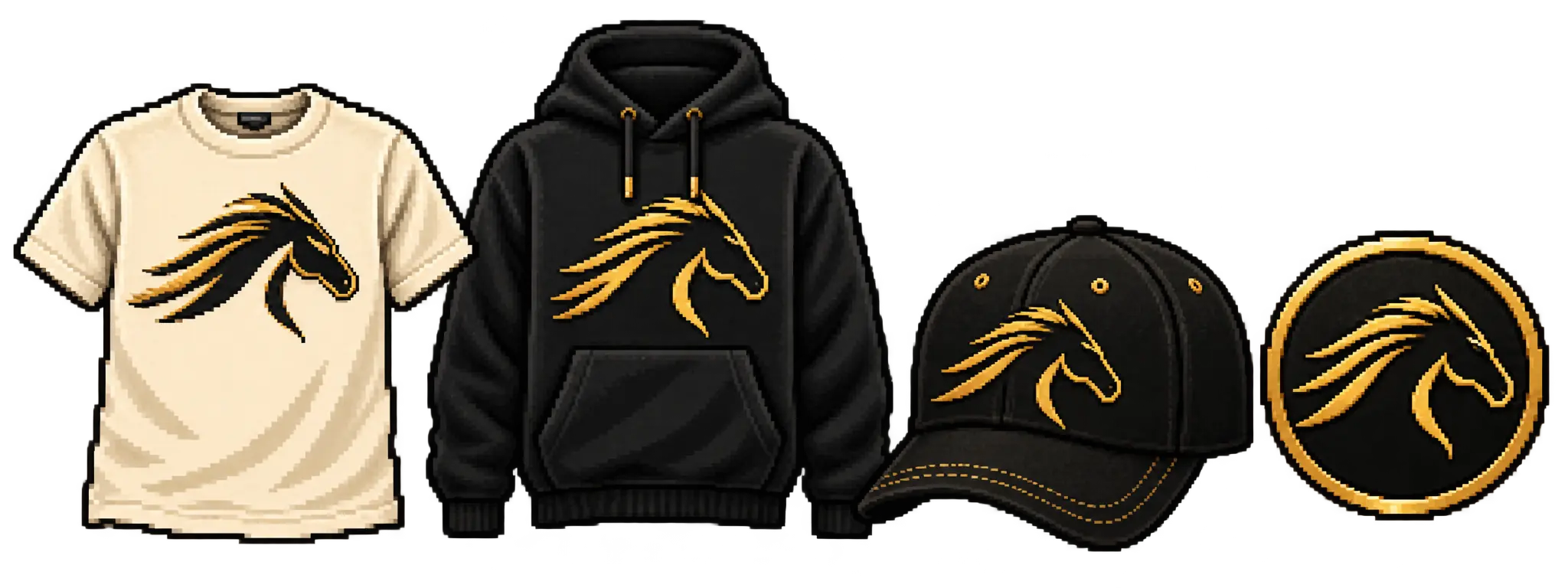 Pixel-art ivory T-shirt, black hoodie, black cap, and victory badge with a gold horse emblem